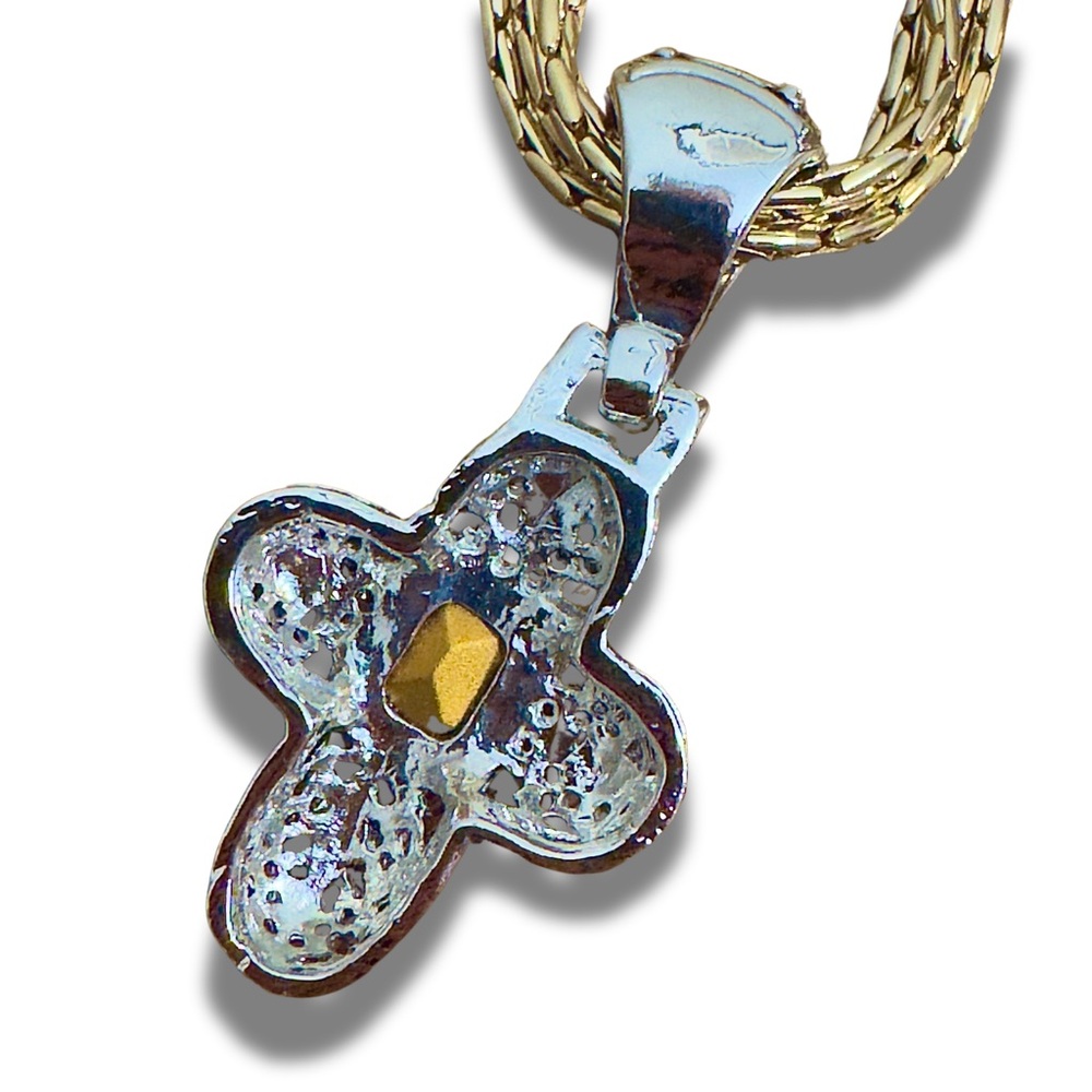 CROSS Pendant & NECKLACE Silver/Gold Metal Filigree Magnetic Closure Black Stone - Picture 7 of 9